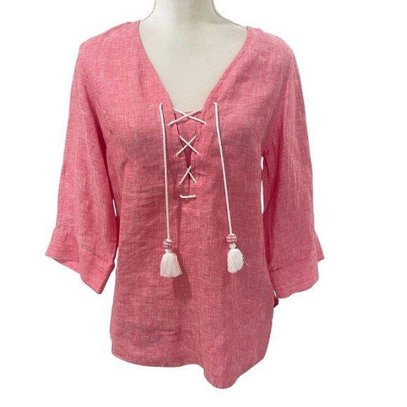 New Tommy Bahama Coastalina 3/4 Sleeve V Neck Tassel Linen Tunic Blouse Pink - Picture 12 of 15